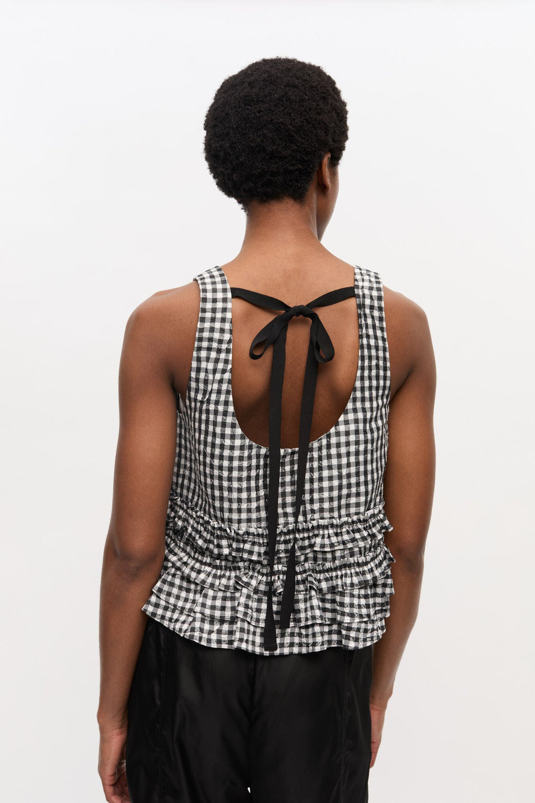 Ganni - Crinkled Taffeta Check Frill Top - Kalifornia Jean Bar