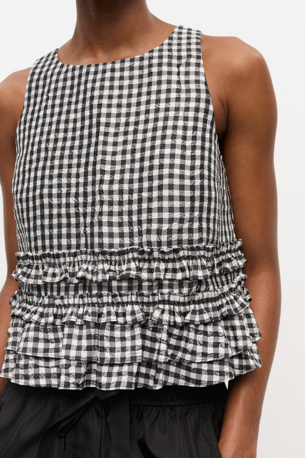 Ganni - Crinkled Taffeta Check Frill Top - Kalifornia Jean Bar