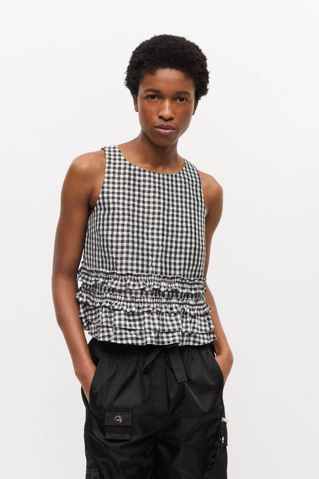 Ganni - Crinkled Taffeta Check Frill Top - Kalifornia Jean Bar