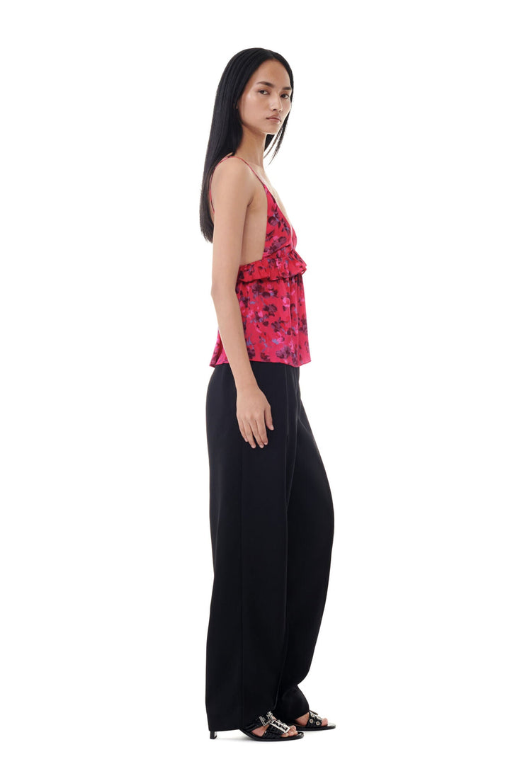 GANNI - Raspberry Wine Red Floral Satin Top - Kalifornia Jean Bar