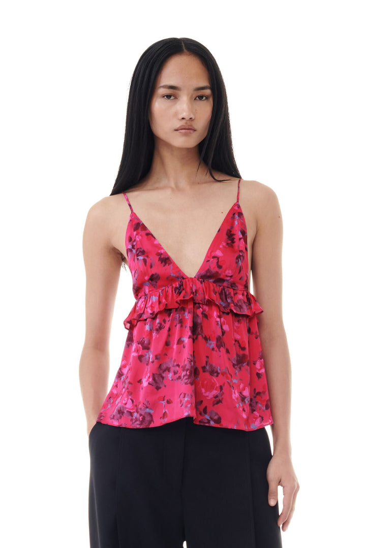 GANNI - Raspberry Wine Red Floral Satin Top - Kalifornia Jean Bar