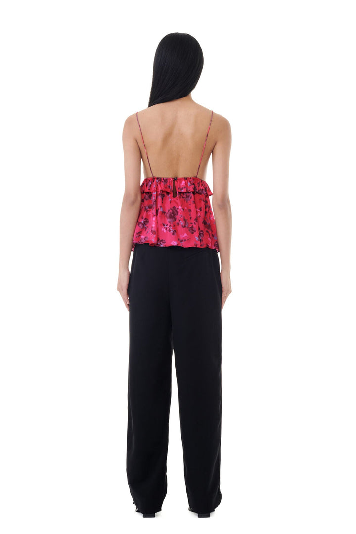 GANNI - Raspberry Wine Red Floral Satin Top - Kalifornia Jean Bar