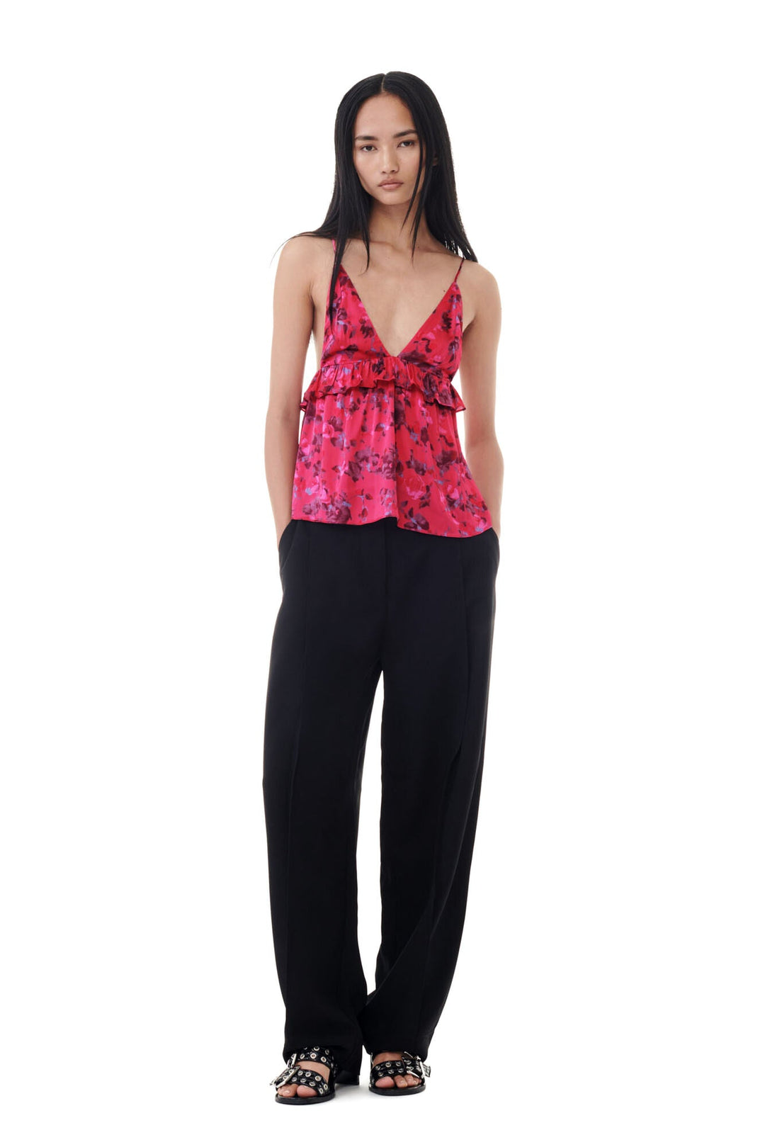 GANNI - Raspberry Wine Red Floral Satin Top - Kalifornia Jean Bar