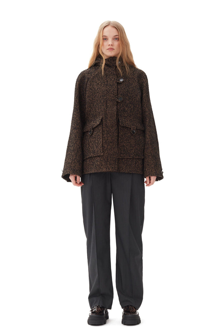 GANNI - Shitake Herringbone Wool Midi Jacket - Kalifornia Jean Bar