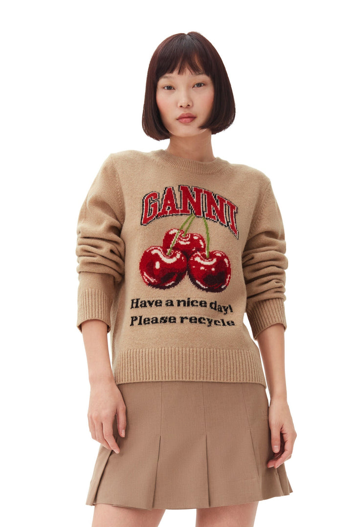 Ganni - Wool Mix Cherry Crewneck in Safari Camel - Kalifornia Jean Bar