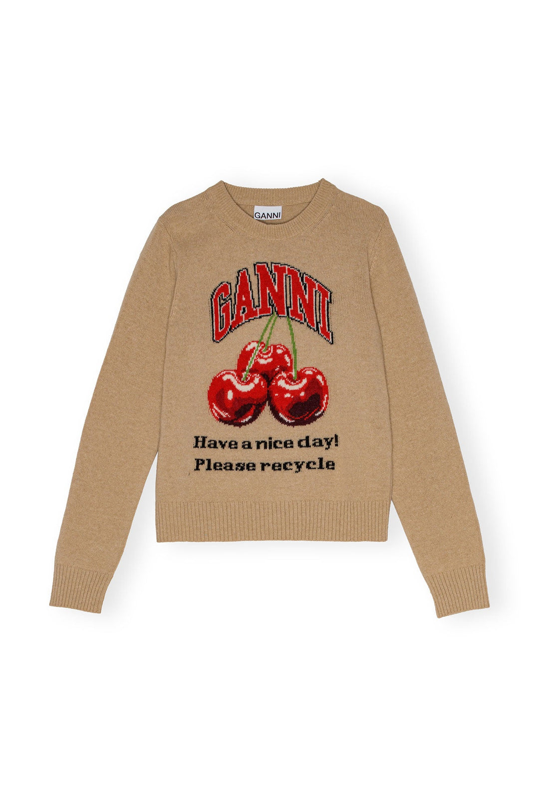 Ganni - Wool Mix Cherry Crewneck in Safari Camel - Kalifornia Jean Bar