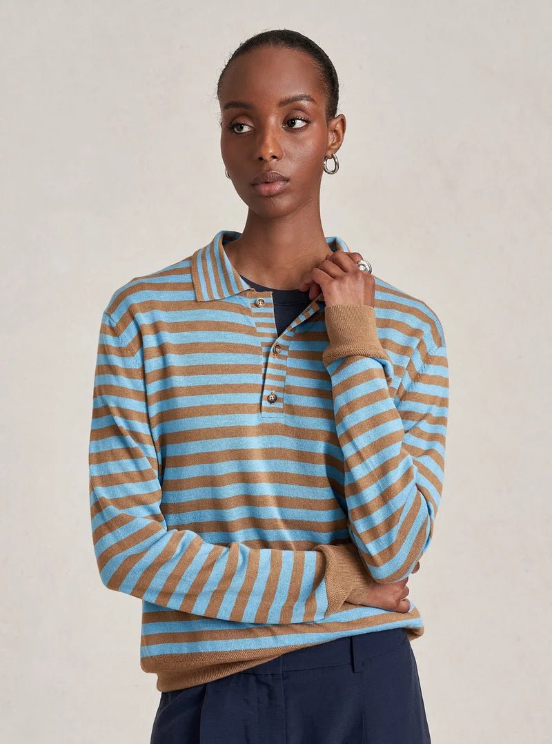 La Ligne - Striped Ben Polo Sweater Striped Cerulean/Camel - Kalifornia Jean Bar
