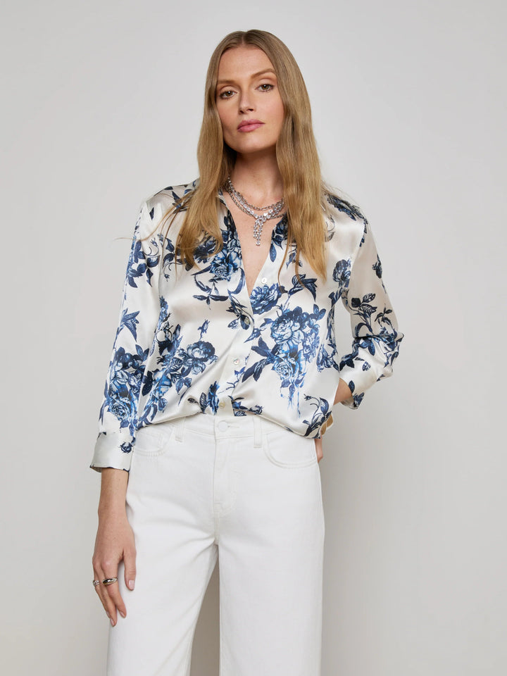 L'Agence - Dani Silk Blouse in White/Blue Painterly - Kalifornia Jean Bar