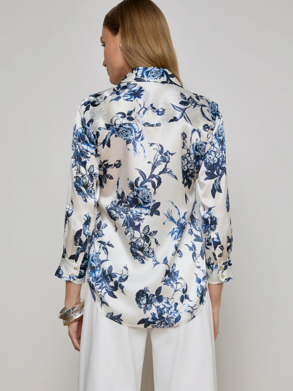 L'Agence - Dani Silk Blouse in White/Blue Painterly - Kalifornia Jean Bar