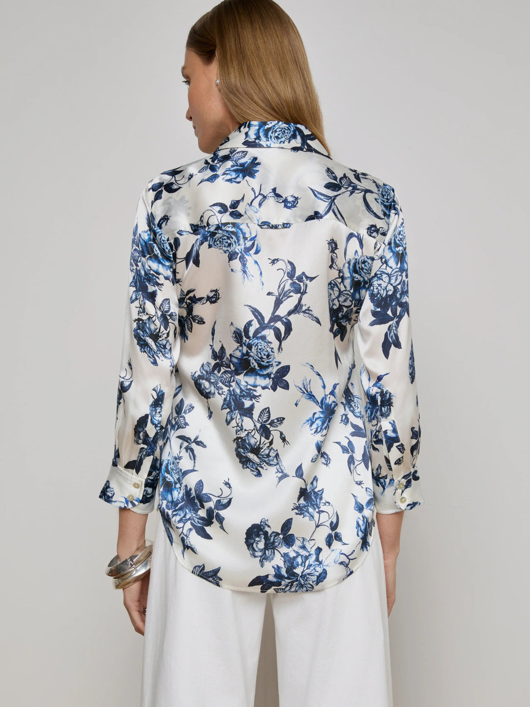 L'Agence - Dani Silk Blouse in White/Blue Painterly - Kalifornia Jean Bar