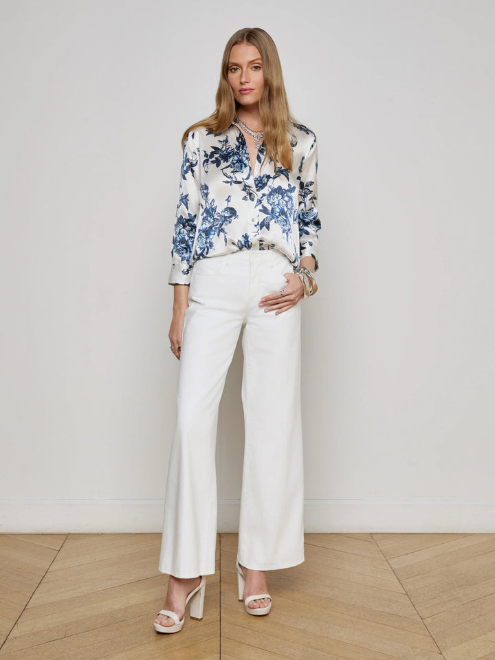 L'Agence - Dani Silk Blouse in White/Blue Painterly - Kalifornia Jean Bar