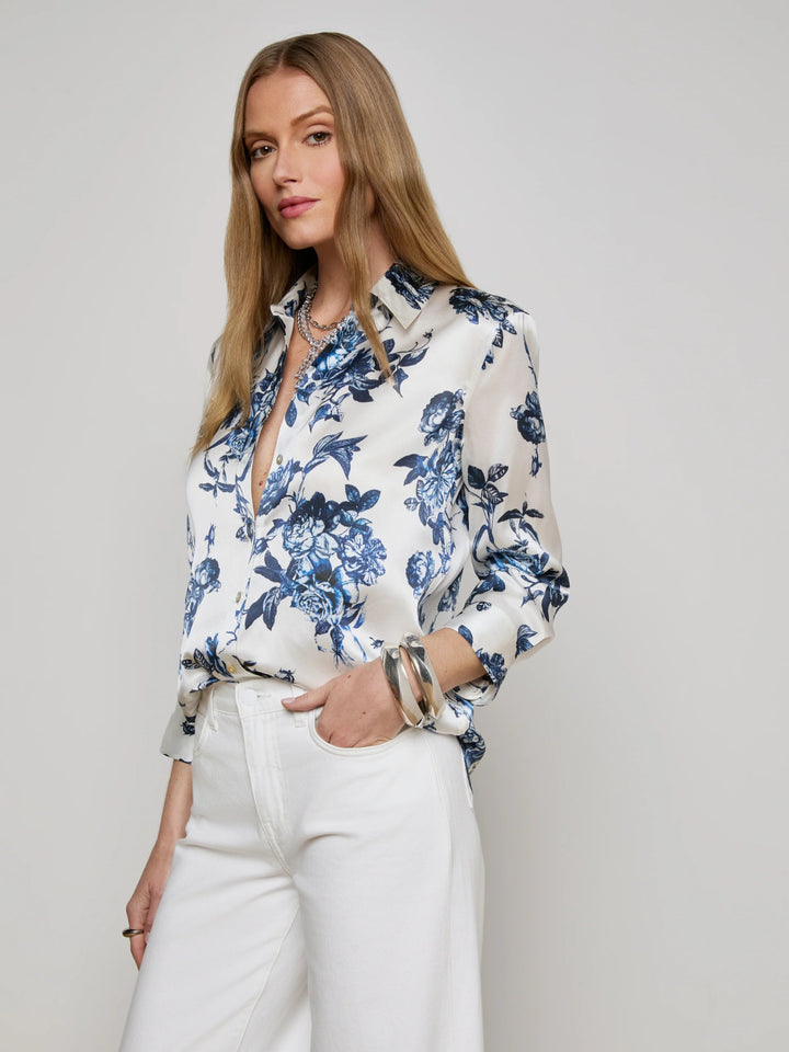 L'Agence - Dani Silk Blouse in White/Blue Painterly - Kalifornia Jean Bar