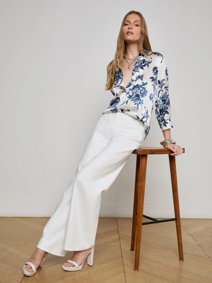 L'Agence - Dani Silk Blouse in White/Blue Painterly - Kalifornia Jean Bar