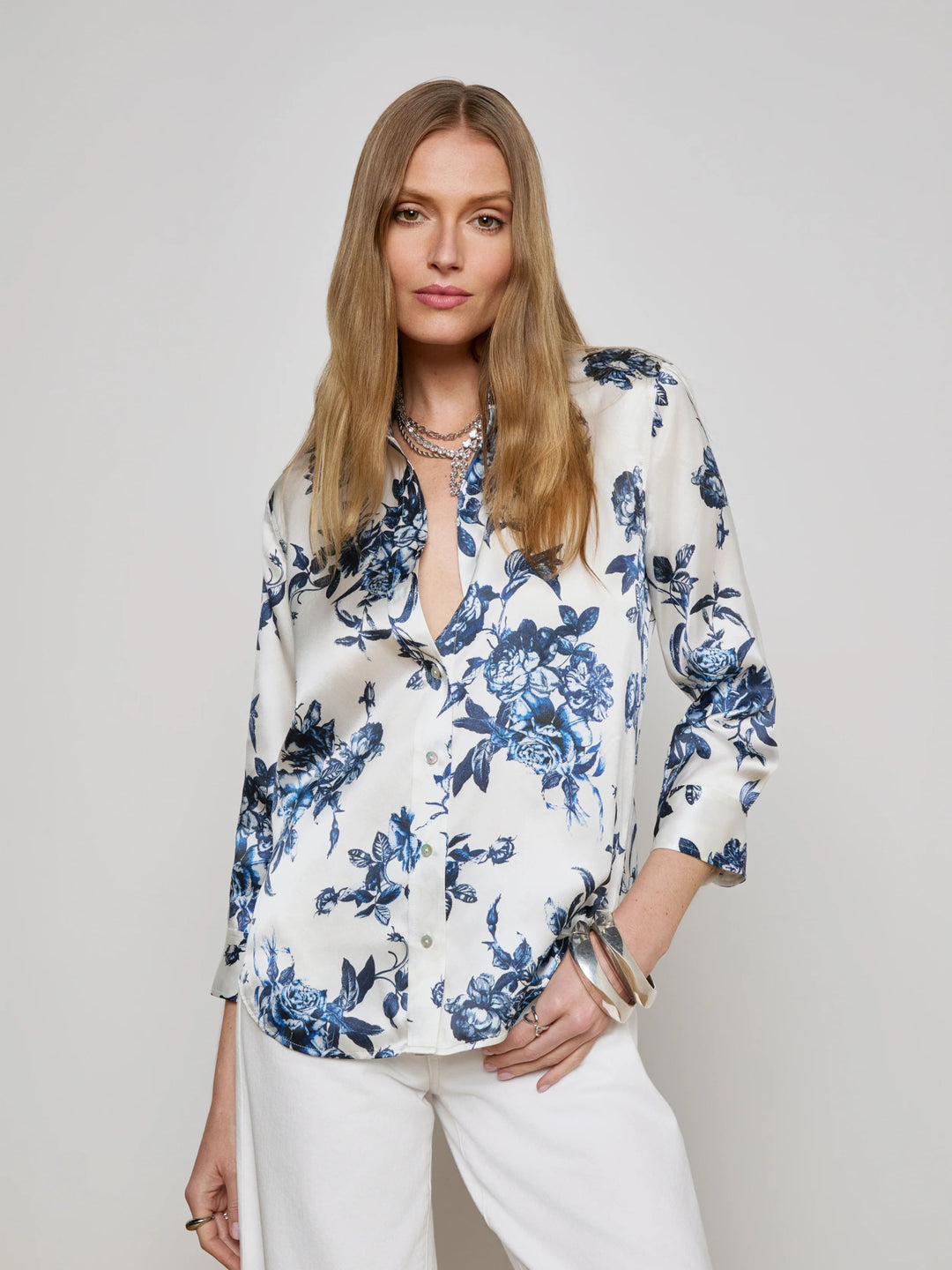 L'Agence - Dani Silk Blouse in White/Blue Painterly - Kalifornia Jean Bar