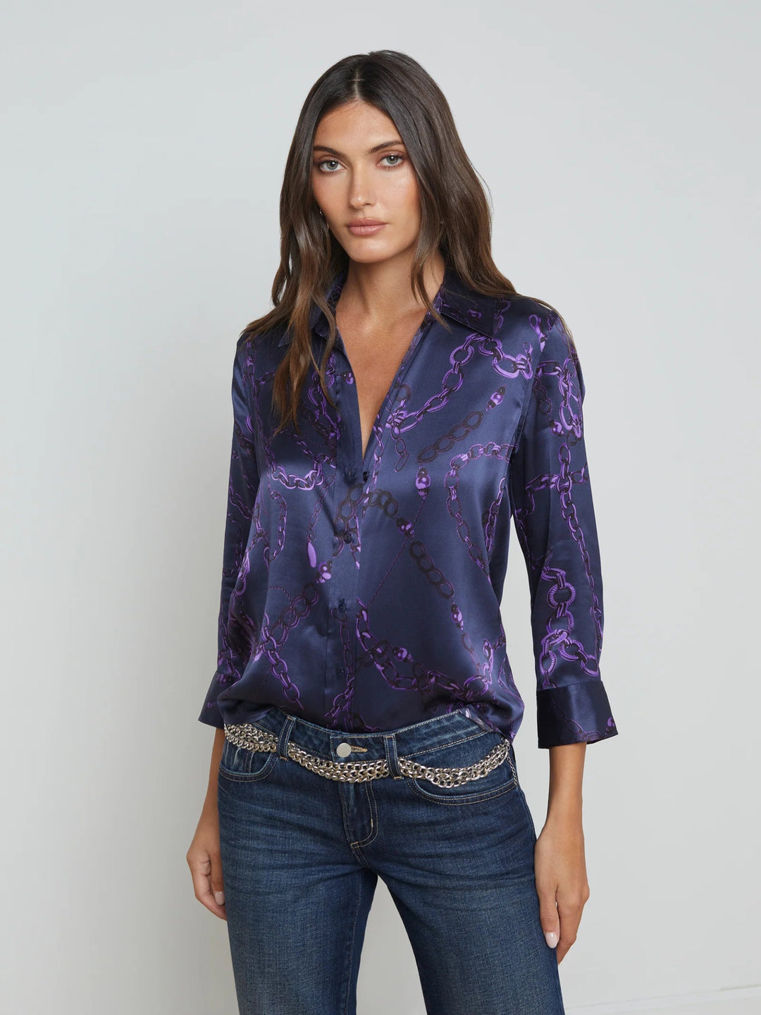 L’Agence - Midnight/Purple Sketch Chain Dani Silk Blouse - Kalifornia Jean Bar L’Agence - Midnight/Purple Sketch Chain Dani Silk Blouse women's shirt