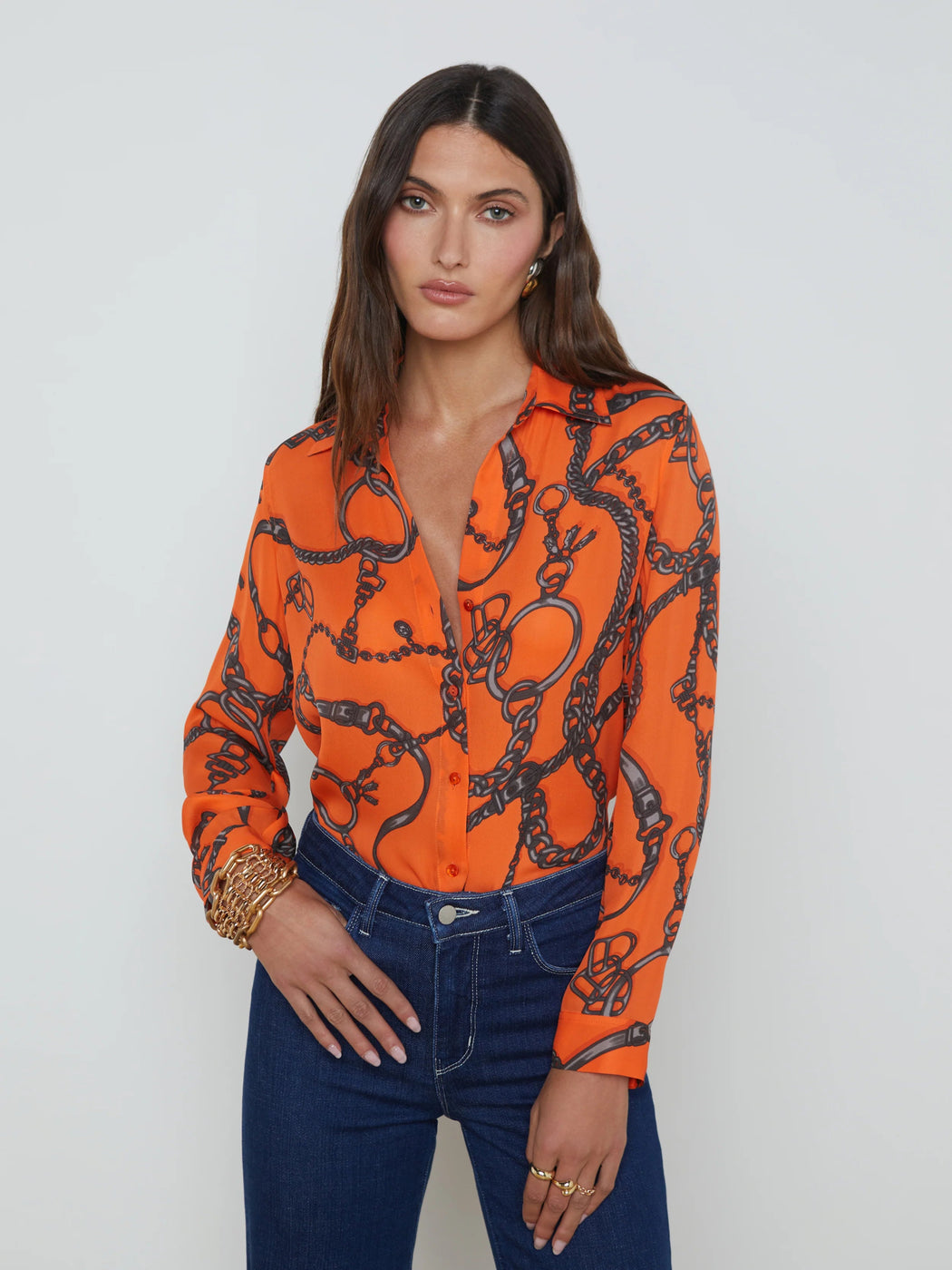 L’Agence - Nina Long Sleeve Silk Blouse in Orange Multi Buckle Chain - Kalifornia Jean BarL’Agence - Nina Long Sleeve Silk Blouse in Orange Multi Buckle Chain