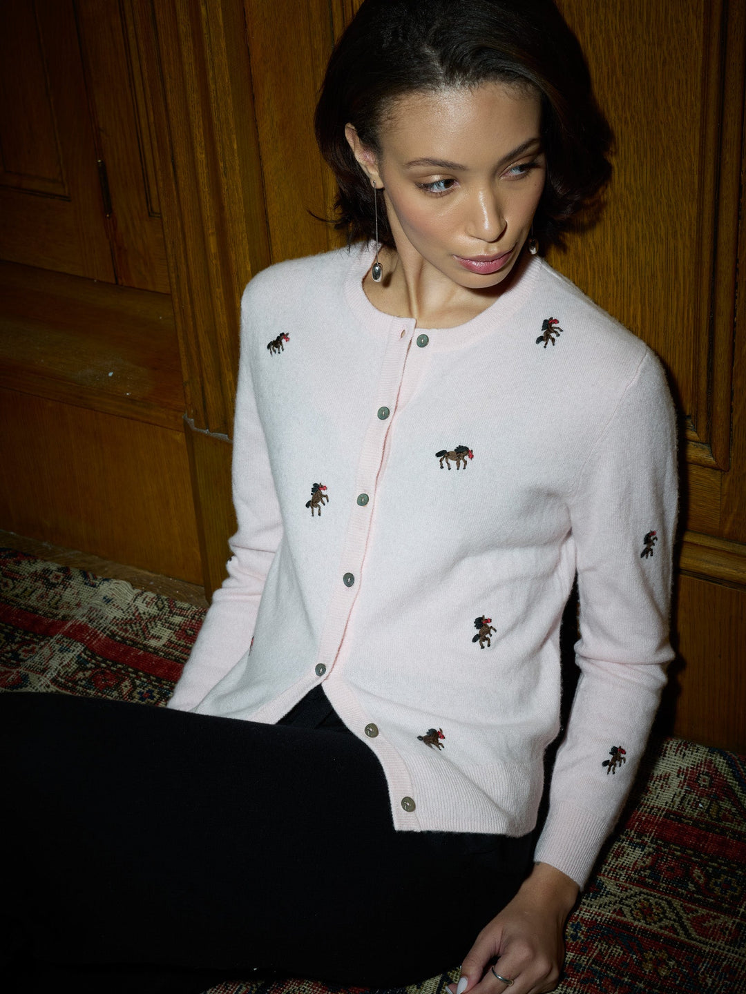 Linga Franca - Horse Motif Cardigan - Pale Pink Cashmere - Kalifornia Jean Bar