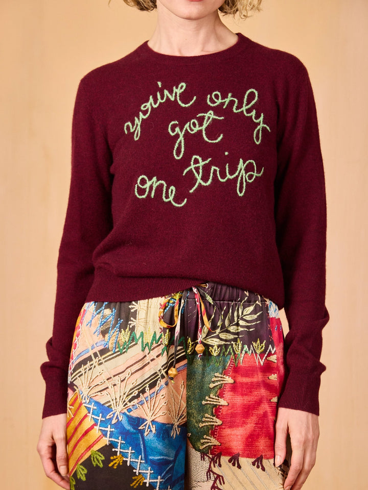 Lingua Franca - You've Only Got One Trip Crewneck - Maroon Cashmere - Kalifornia Jean Bar