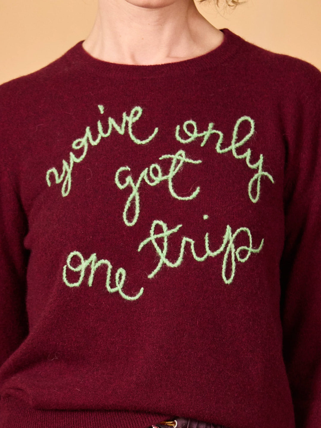 Lingua Franca - You've Only Got One Trip Crewneck - Maroon Cashmere - Kalifornia Jean Bar