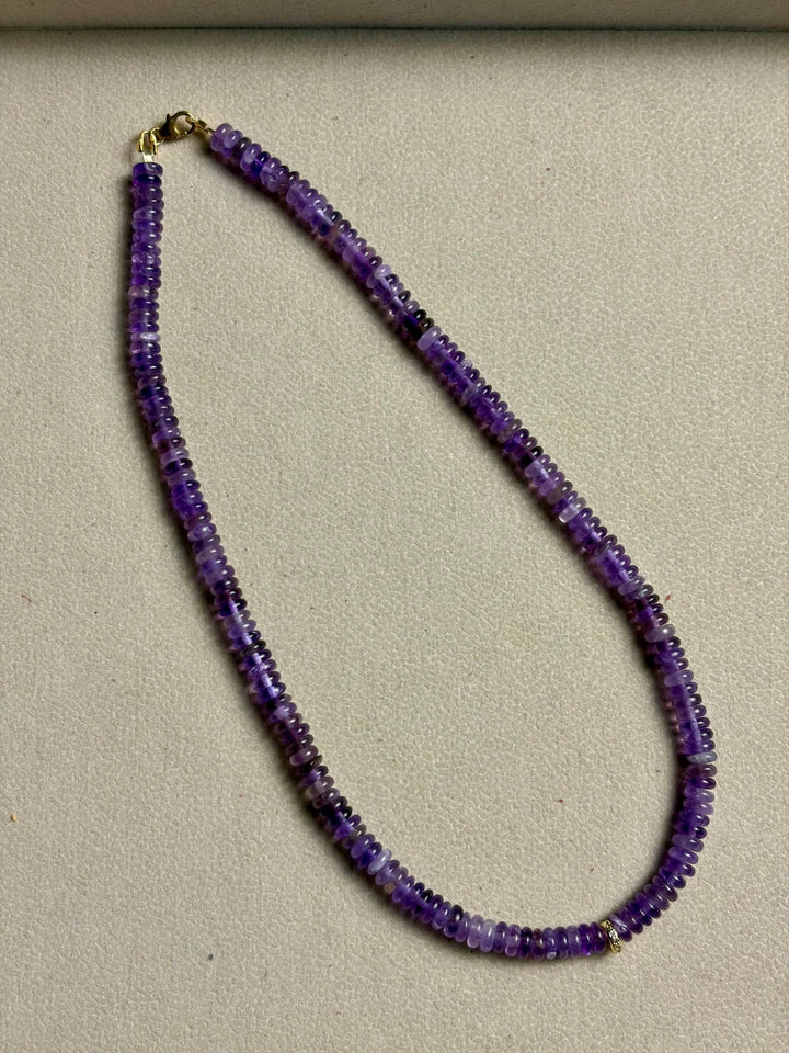 LivElle - Amethyst Rondelle Beads w/ CZ 18k GF Round Spacer Necklacxe - Kalifornia Jean Bar