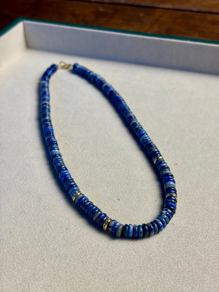LivElle - Lapis Rondelle Beads w/ 4 CZ 18K GF Necklace - Kalifornia Jean Bar