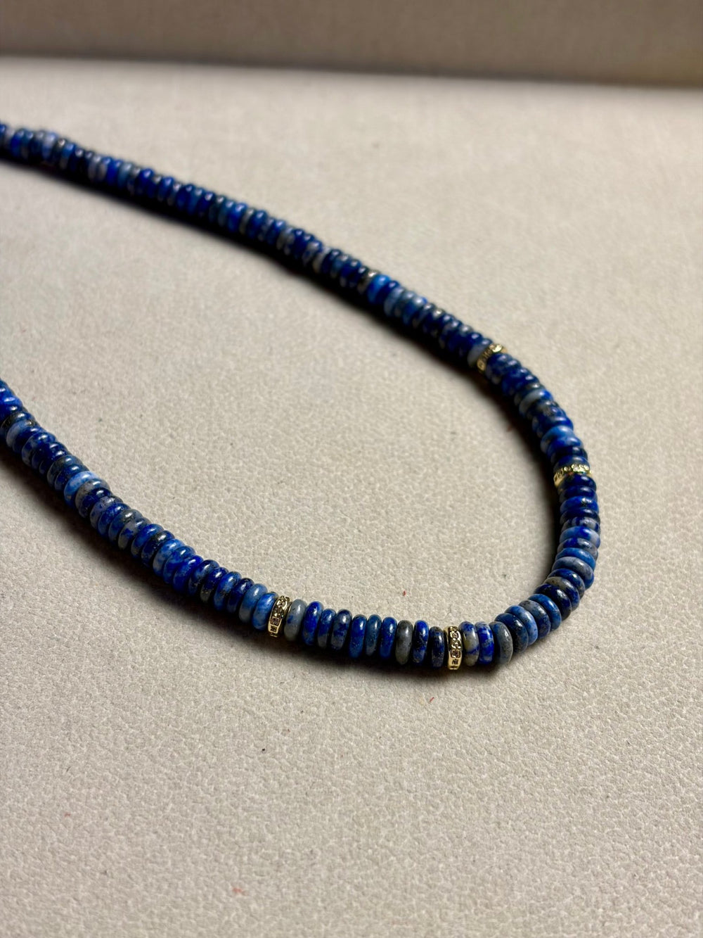 LivElle - Lapis Rondelle Beads w/ 4 CZ 18K GF Necklace - Kalifornia Jean Bar