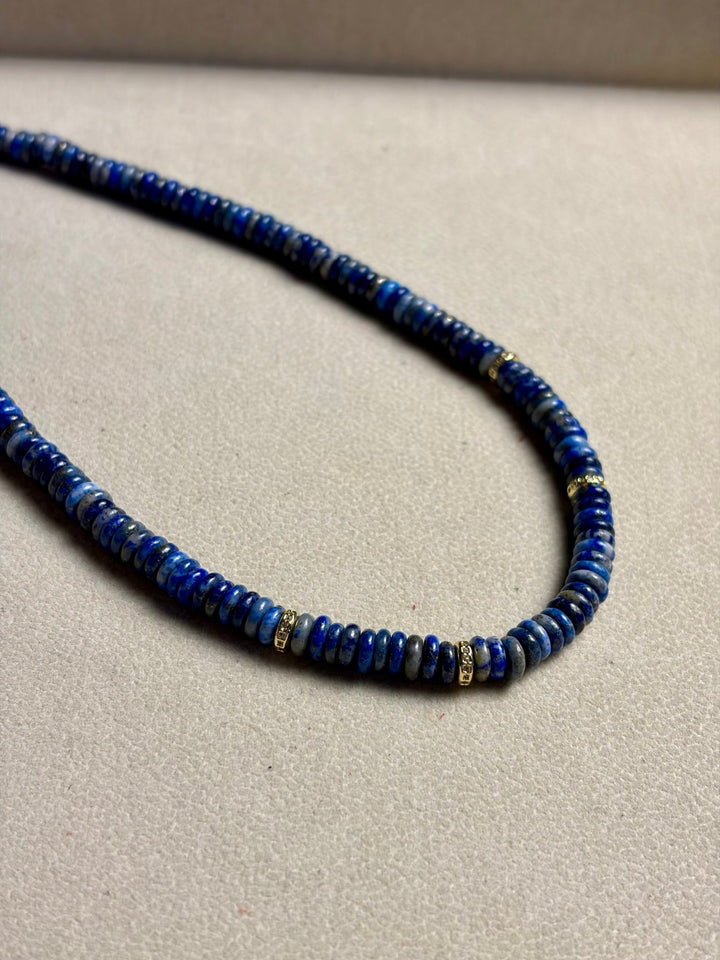 LivElle - Lapis Rondelle Beads w/ 4 CZ 18K GF Necklace - Kalifornia Jean Bar
