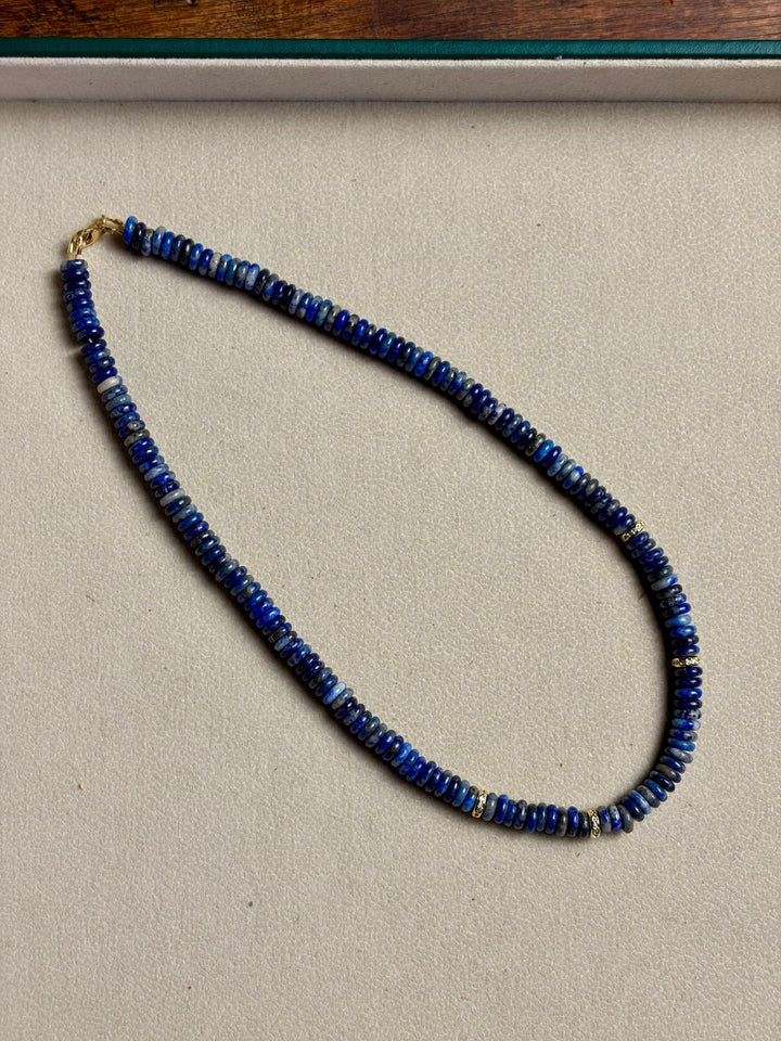 LivElle - Lapis Rondelle Beads w/ 4 CZ 18K GF Necklace - Kalifornia Jean Bar