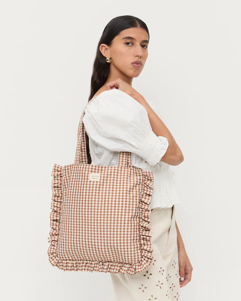 Loeffler Randal - Justine Brown Gingham Ruffle Tote - Kalifornia Jean Bar