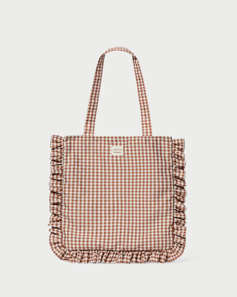 Loeffler Randal - Justine Brown Gingham Ruffle Tote - Kalifornia Jean Bar