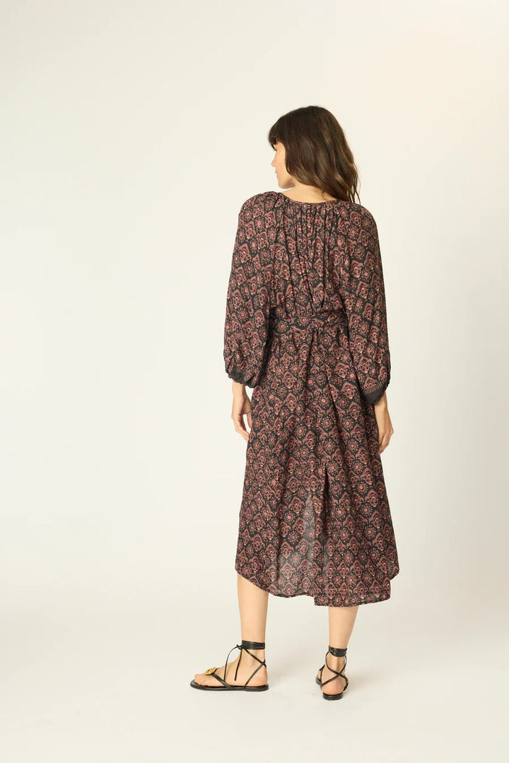 Natalie Martin - Black Fleur de Lis Alex Midi Dress w/ Sash - Kalifornia Jean Bar