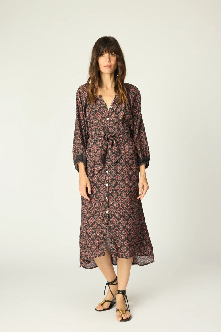 Natalie Martin - Black Fleur de Lis Alex Midi Dress w/ Sash - Kalifornia Jean Bar