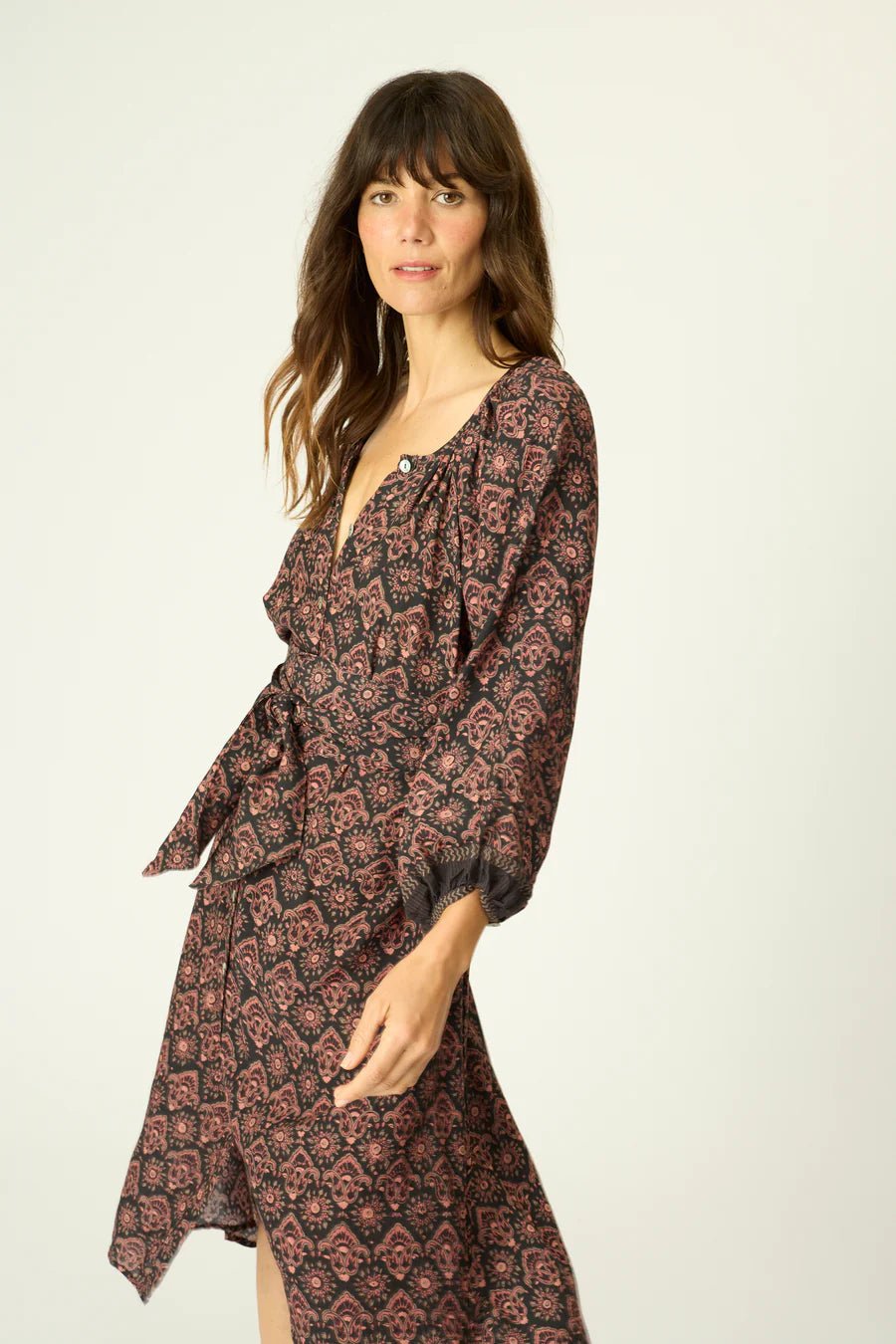 Natalie Martin - Black Fleur de Lis Alex Midi Dress w/ Sash - Kalifornia Jean Bar