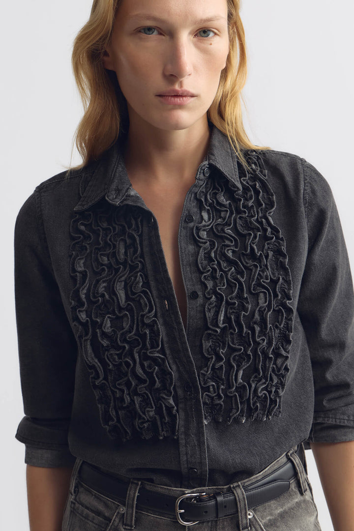 Nili Lotan - Emilie Denim Ruffle Shirt Faded Black - Kalifornia Jean Bar