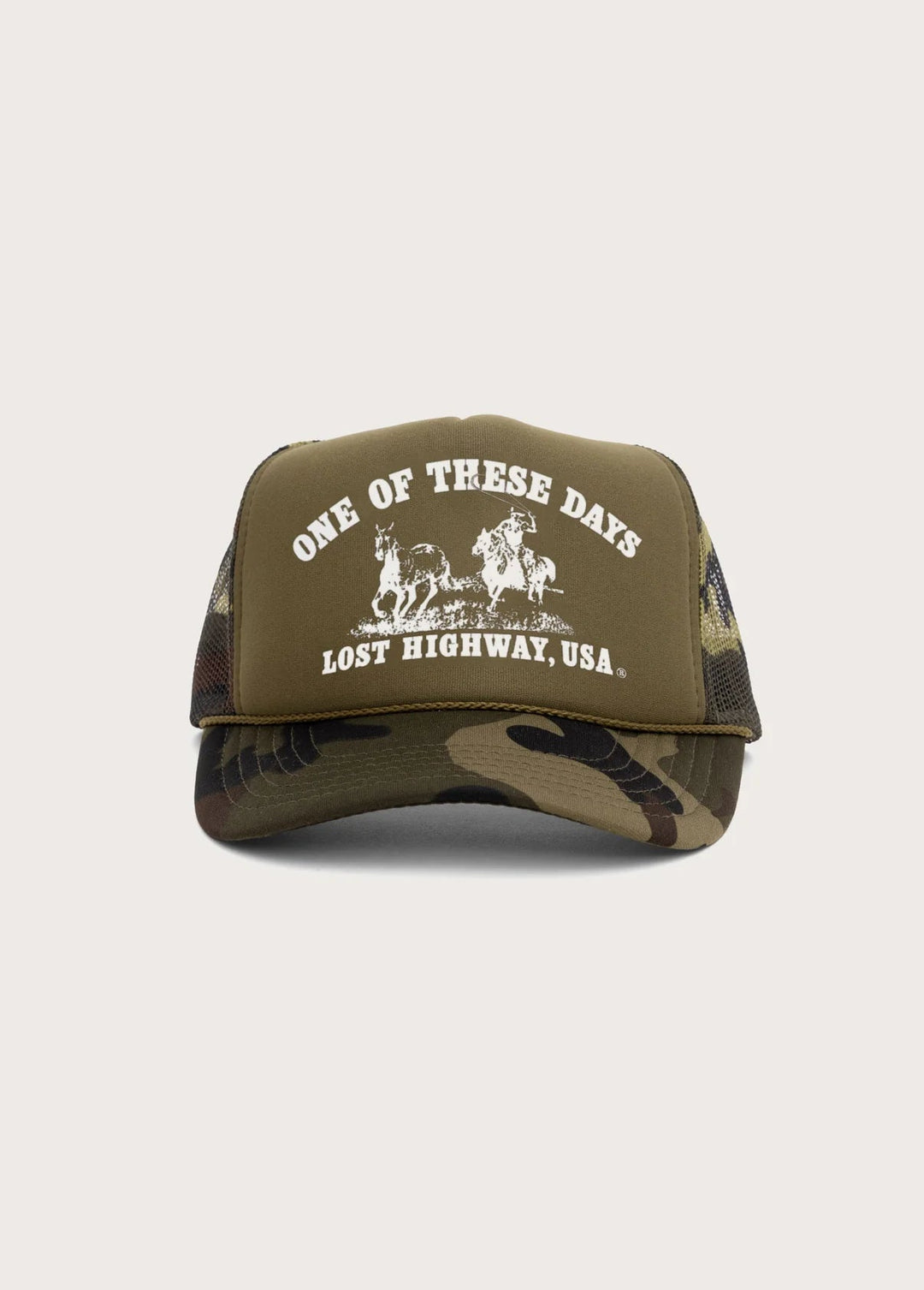 One of These Days - Dark Green Camo Lost Highway Trucker Hat - Kalifornia Jean Bar