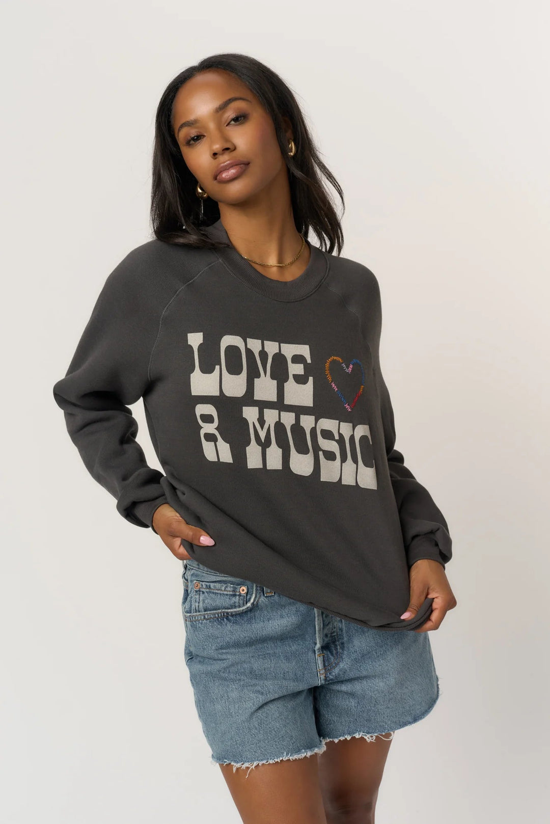 Project Social T - Love & Music Sweatshirt in Washed Black - Kalifornia Jean Bar