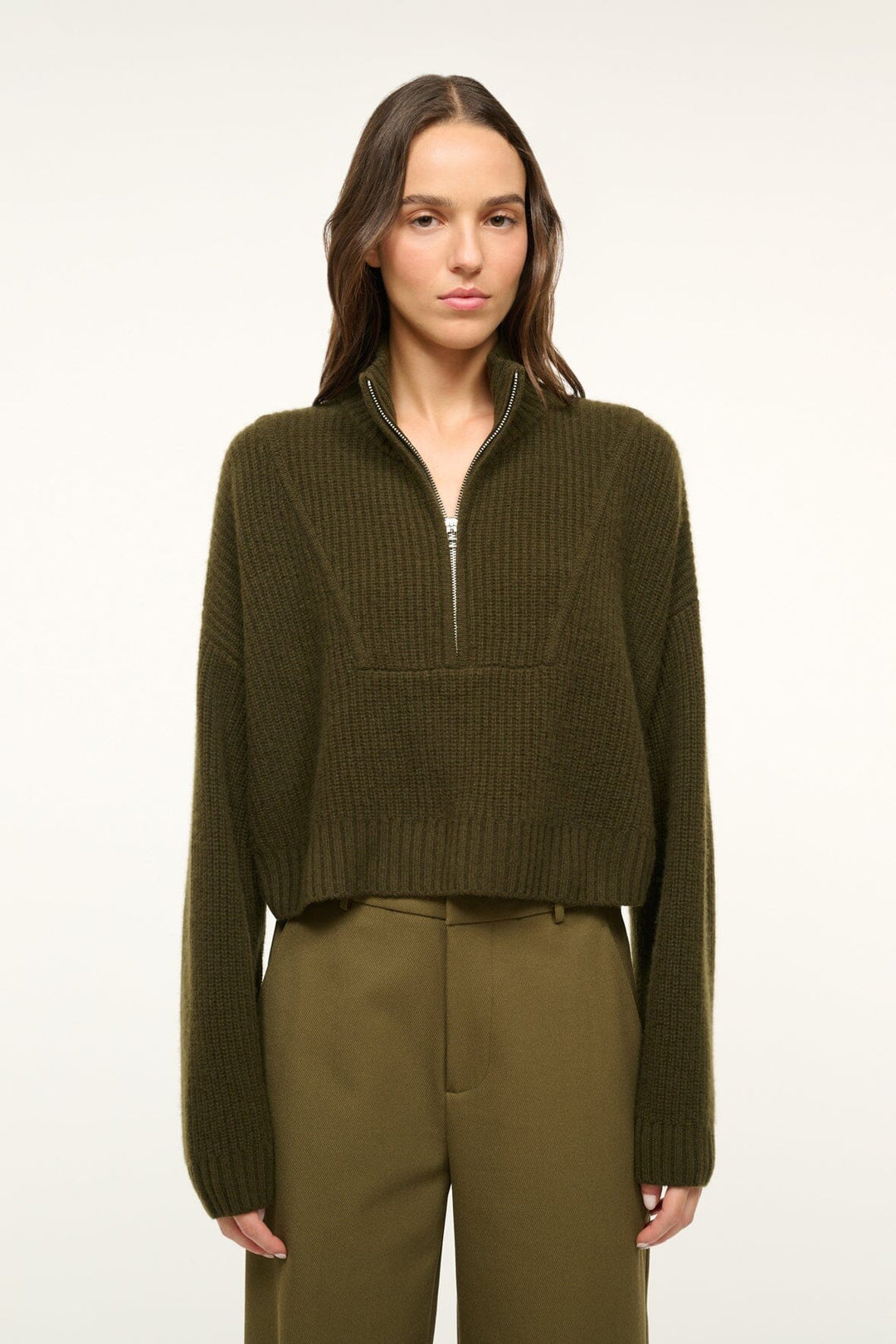 Staud - Olive Cashmere Cropped Hampton Sweater - Kalifornia Jean Bar