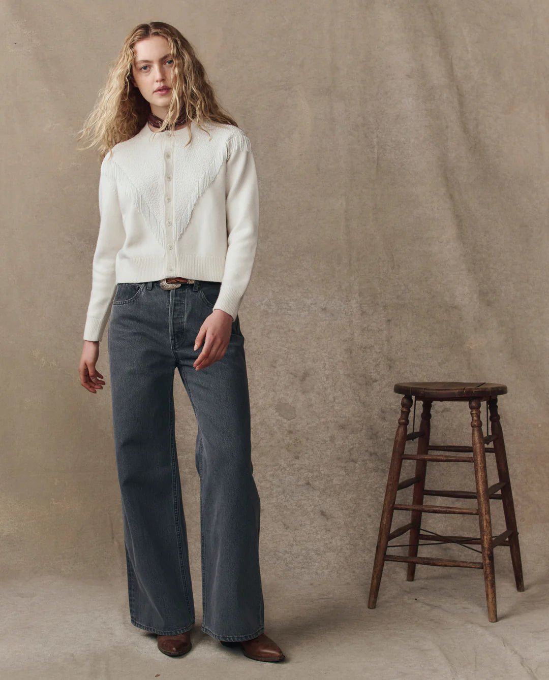 The Great - Beaded Fringe Cardigan in Cream - Kalifornia Jean Bar