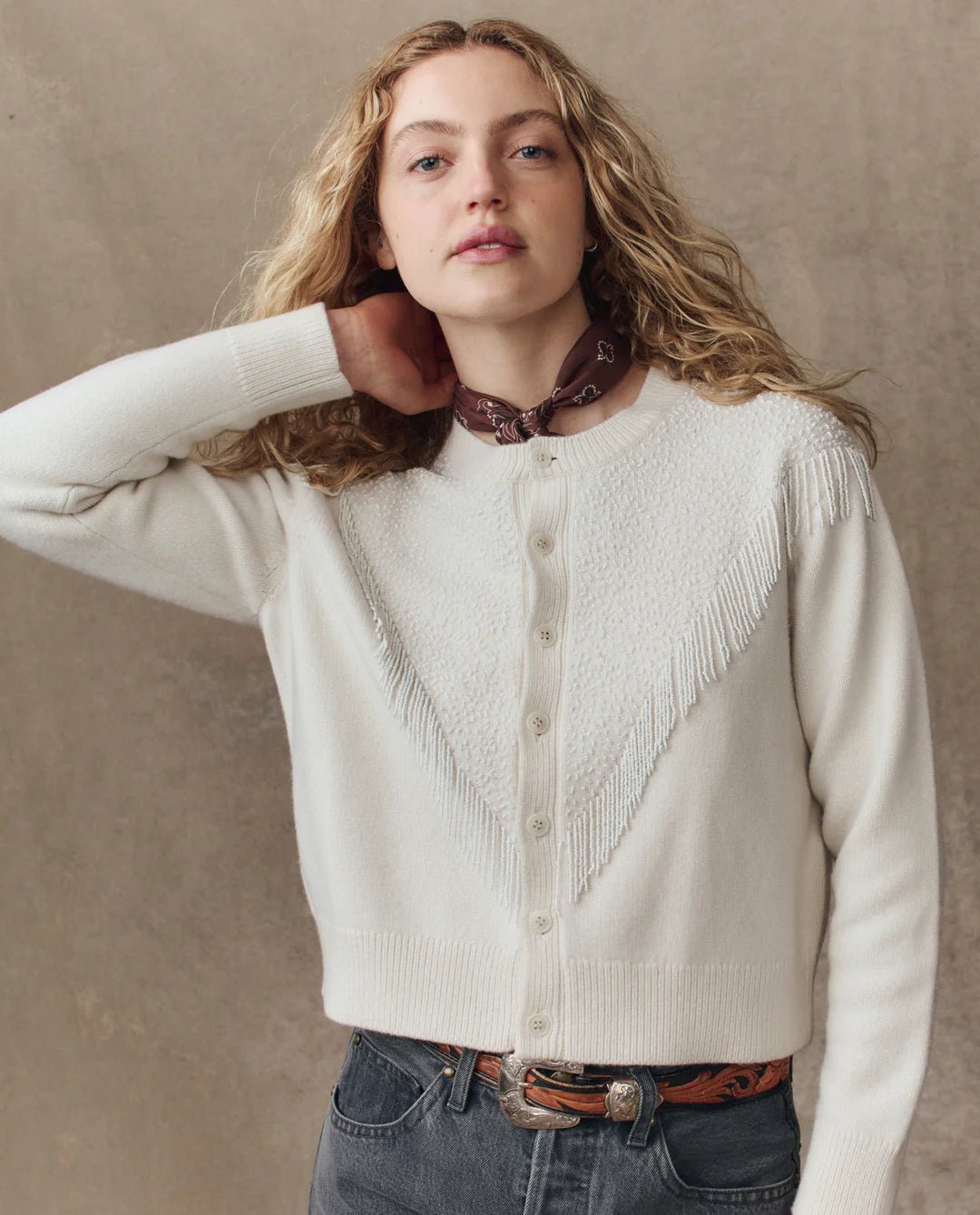 The Great - Beaded Fringe Cardigan in Cream - Kalifornia Jean Bar