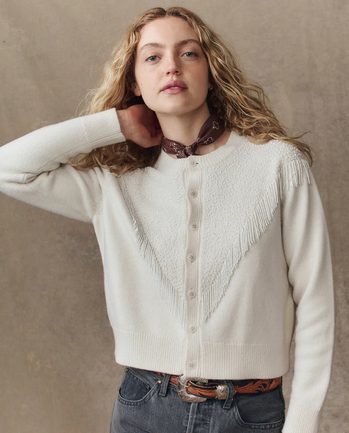The Great - Beaded Fringe Cardigan in Cream - Kalifornia Jean Bar