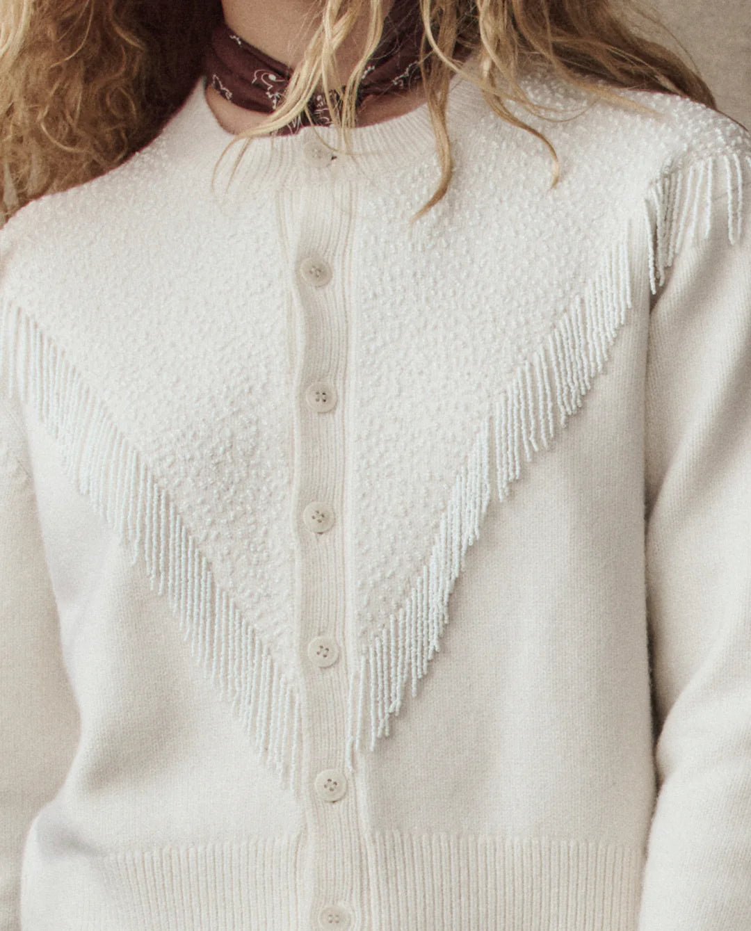 The Great - Beaded Fringe Cardigan in Cream - Kalifornia Jean Bar