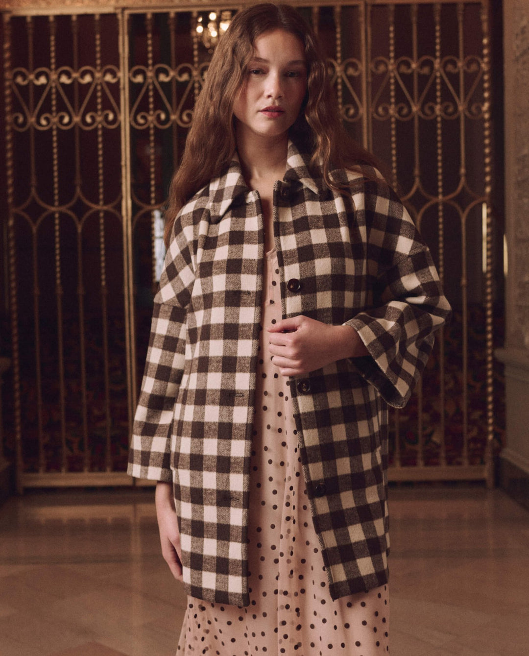 THE GREAT. - Car Coat Chocolate/Cream Check - Kalifornia Jean Bar