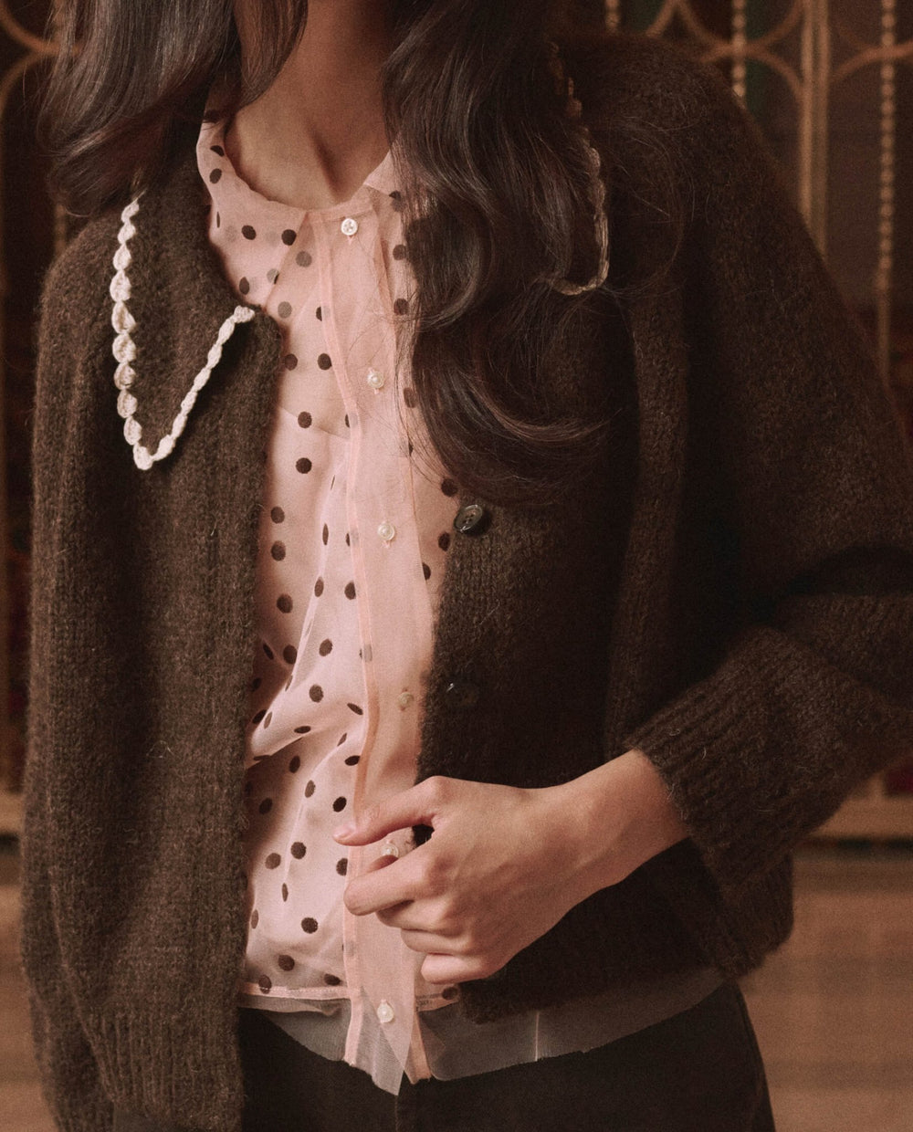 THE GREAT. - Chocolate Brown Crochet Collar Cardigan - Kalifornia Jean Bar