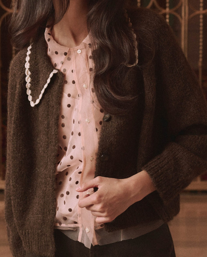 THE GREAT. - Chocolate Brown Crochet Collar Cardigan - Kalifornia Jean Bar