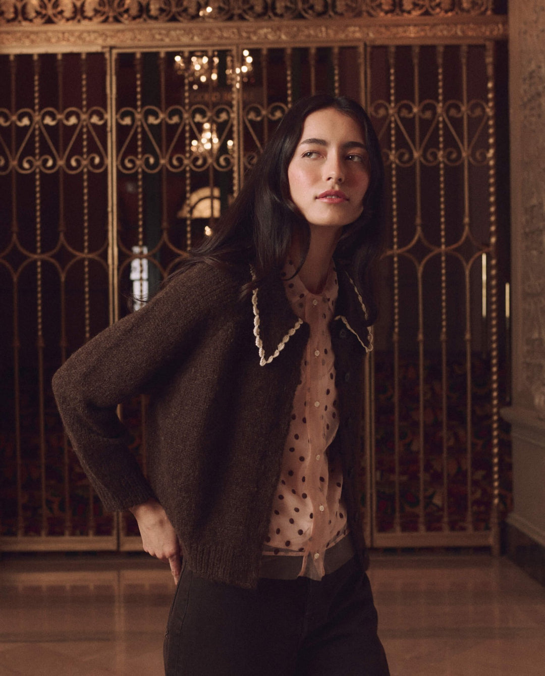 THE GREAT. - Chocolate Brown Crochet Collar Cardigan - Kalifornia Jean Bar