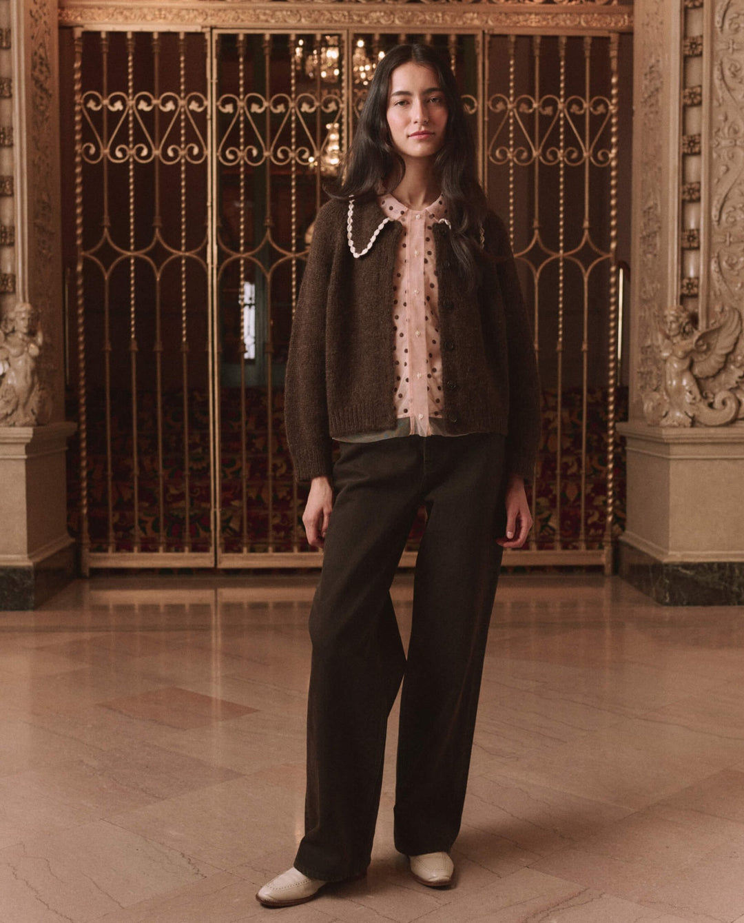 THE GREAT. - Chocolate Brown Crochet Collar Cardigan - Kalifornia Jean Bar