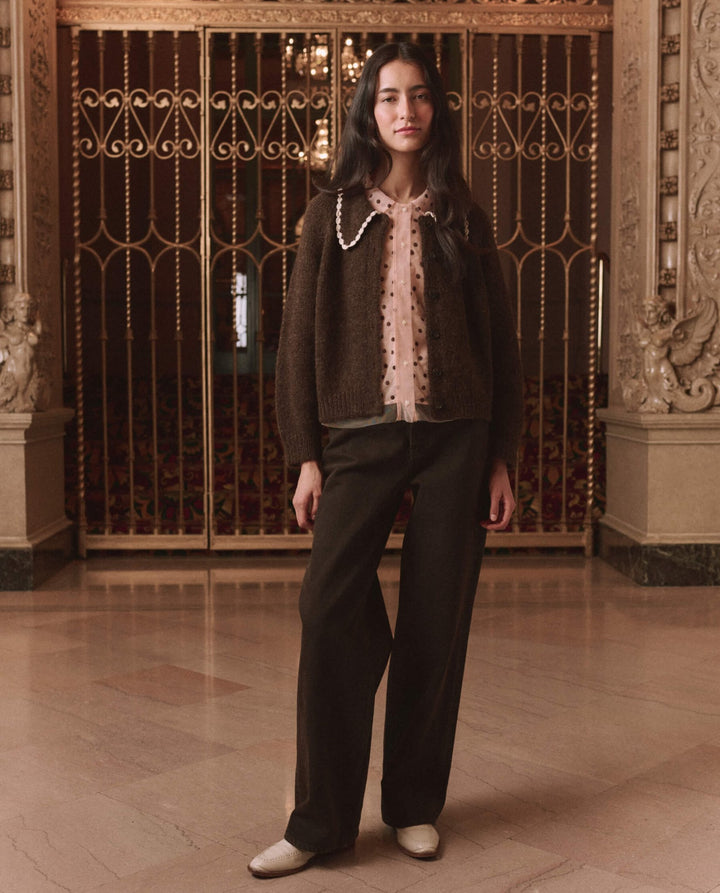 THE GREAT. - Chocolate Brown Crochet Collar Cardigan - Kalifornia Jean Bar