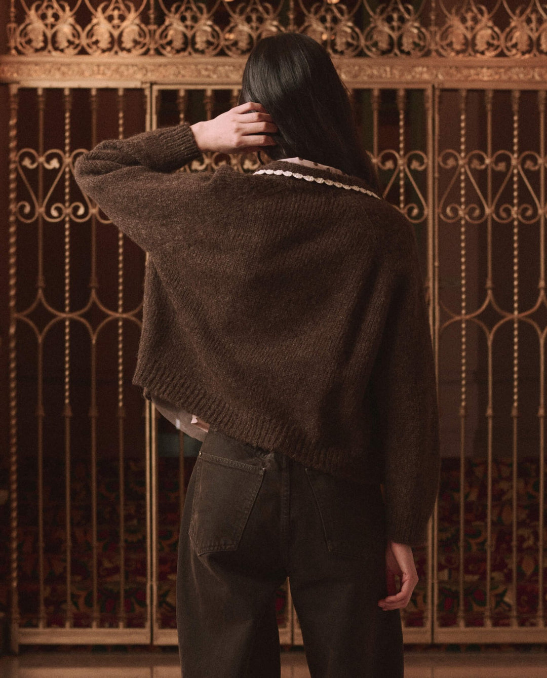 THE GREAT. - Chocolate Brown Crochet Collar Cardigan - Kalifornia Jean Bar