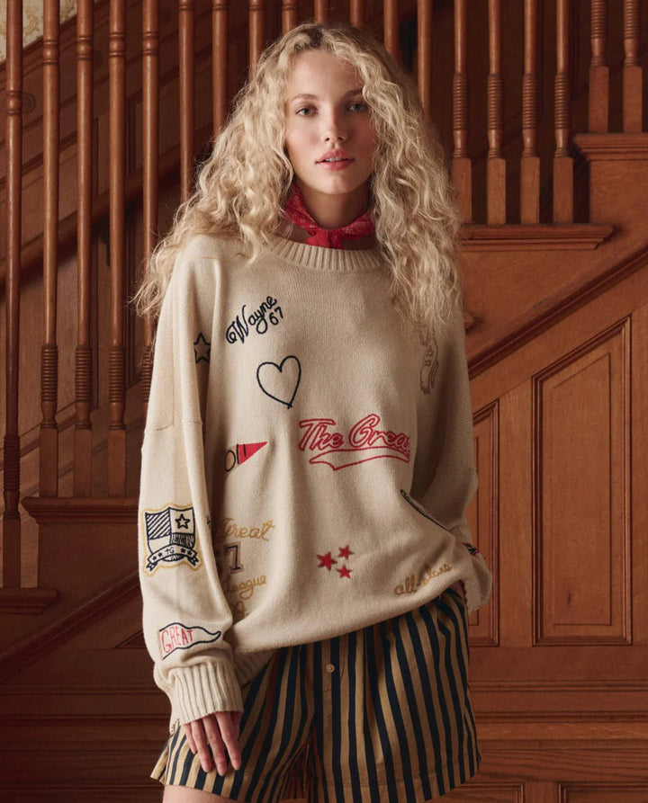The Great - Embroidered Oversized Pullover Crew Cream - Kalifornia Jean Bar