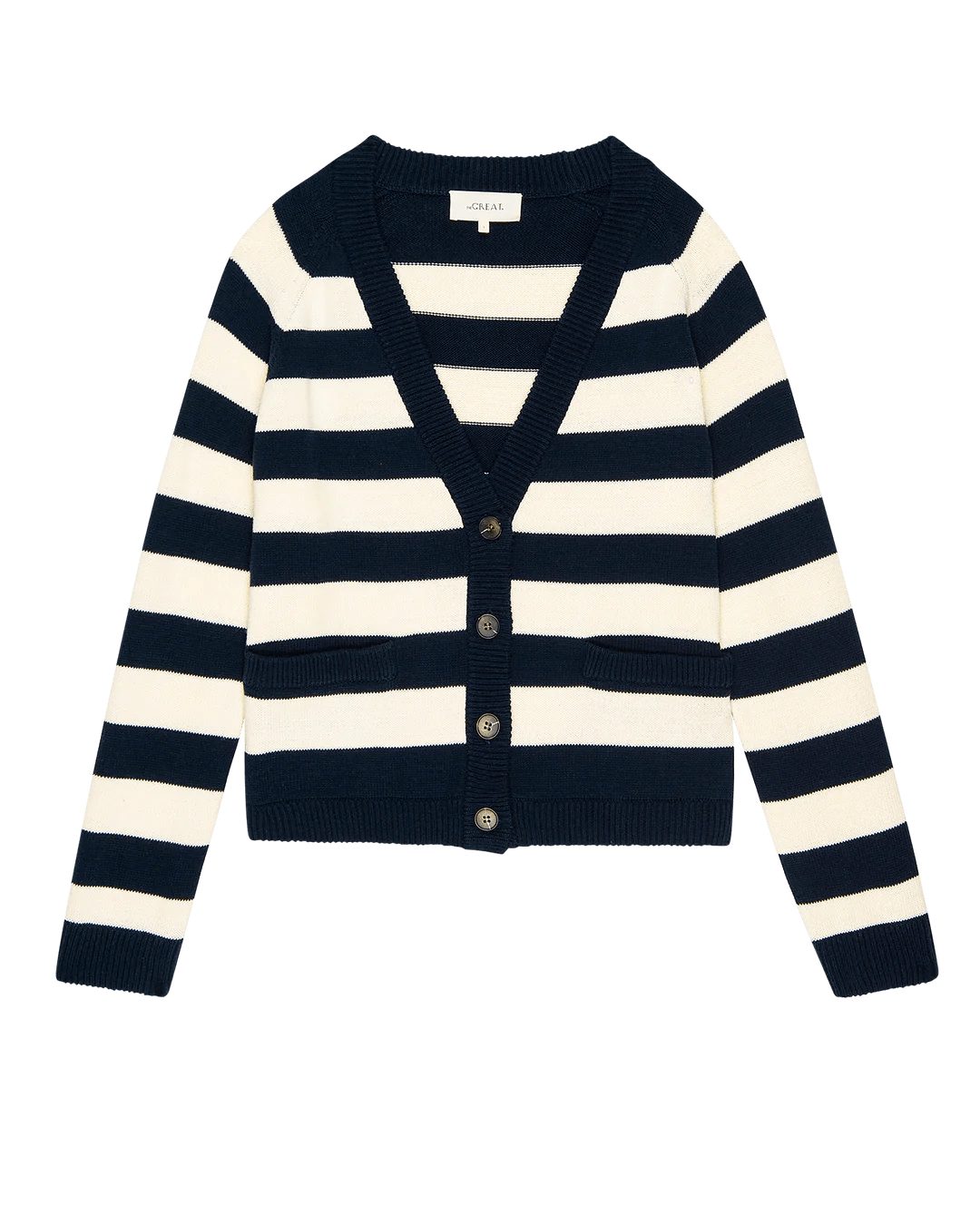 THE GREAT - Navy Range Stripe Varsity Cardigan - Kalifornia Jean Bar